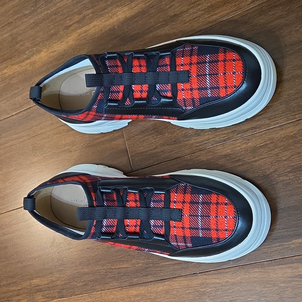 LINEA PAOLO ROWEN SLIP ON PLATFORM SNEAKERS RED BLACK WHITE PLAID NEW IN BOX 7 - Picture 3 of 12
